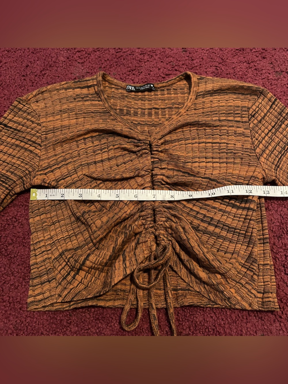 Zara Rust-Brown Ruched Long Sleeve Crop Top Size M - Picture 5 of 7